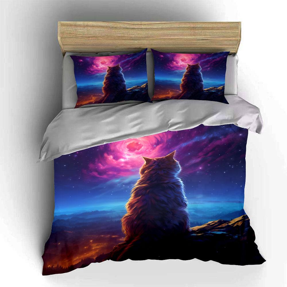 Starry Night Cat Art Set Soft Comfortable Duvet Cover Bedding Set Included 1*Duvet Cover & 2*Pillowcases, Gift