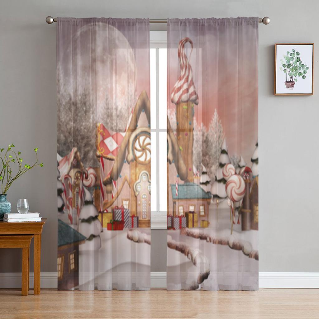 Om de zăpadă de Crăciun Scenă de zăpadă Casă roz Perdele transparente Decorațiuni pentru casă de Crăciun Perdele din tul pentru fereastră pentru sufragerie dormitor