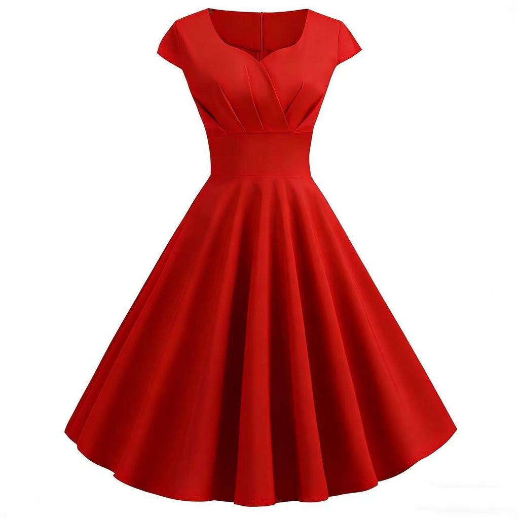Retro Hepburn Style Short Sleeve High Waist Swing Dress