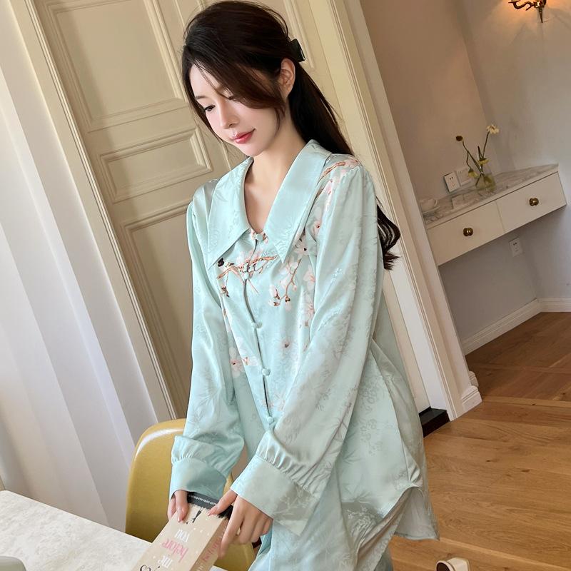 

Пижама из ледяного шелка, женская, новая, с принтом, с длинным рукавом, элегантная, атласная, свободная, комплект пижамы из ледяного шелка XL