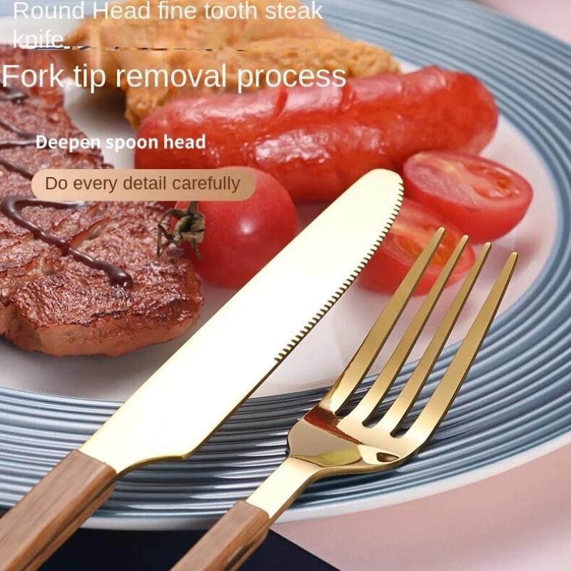 4-teiliges Geschirrset mit Messer und Gabel, Teelöffel, Edelstahl, Holzimitatgriff, westliches Geschirr, einfach und fortschrittlich