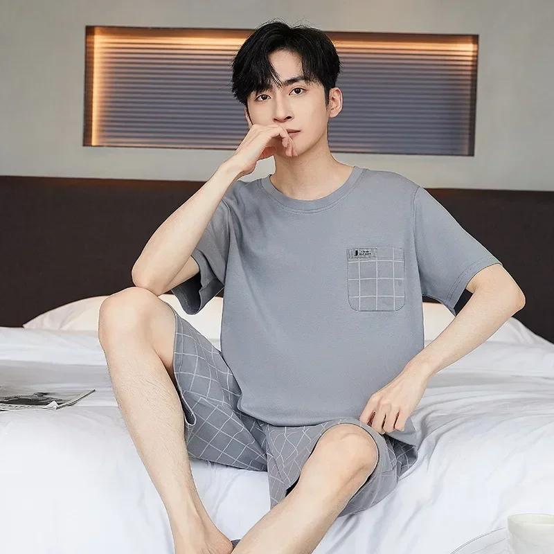 Cotton Men's Pajamas Top and Pants Loungewear Athletic Casual Loose Nightwear Set Solid Sleepwear Homewear Two Piece Suit