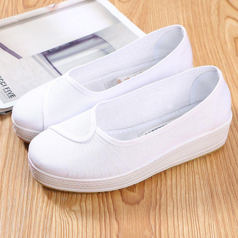 

White wedge heel nurse shoes old-fashioned classic white canvas hospital thick sole heightening shallow mouth doctor shoes 40 білий