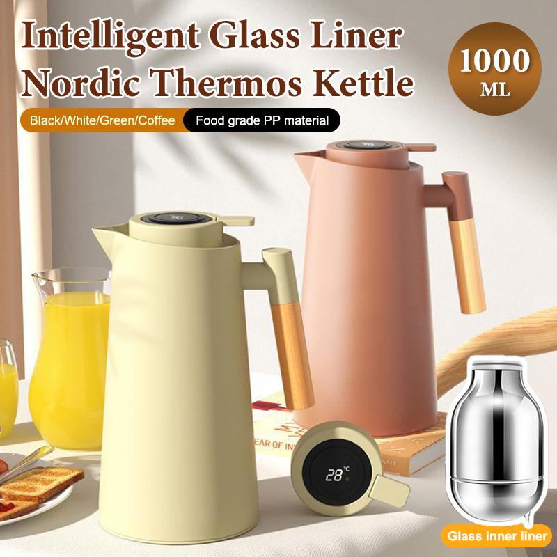 1000Ml Thermos Bottle Nordic Thermos For Hot Water Intelligent Water Heater Kettle Jug Bottle Vacuum Flask Wooden Handle