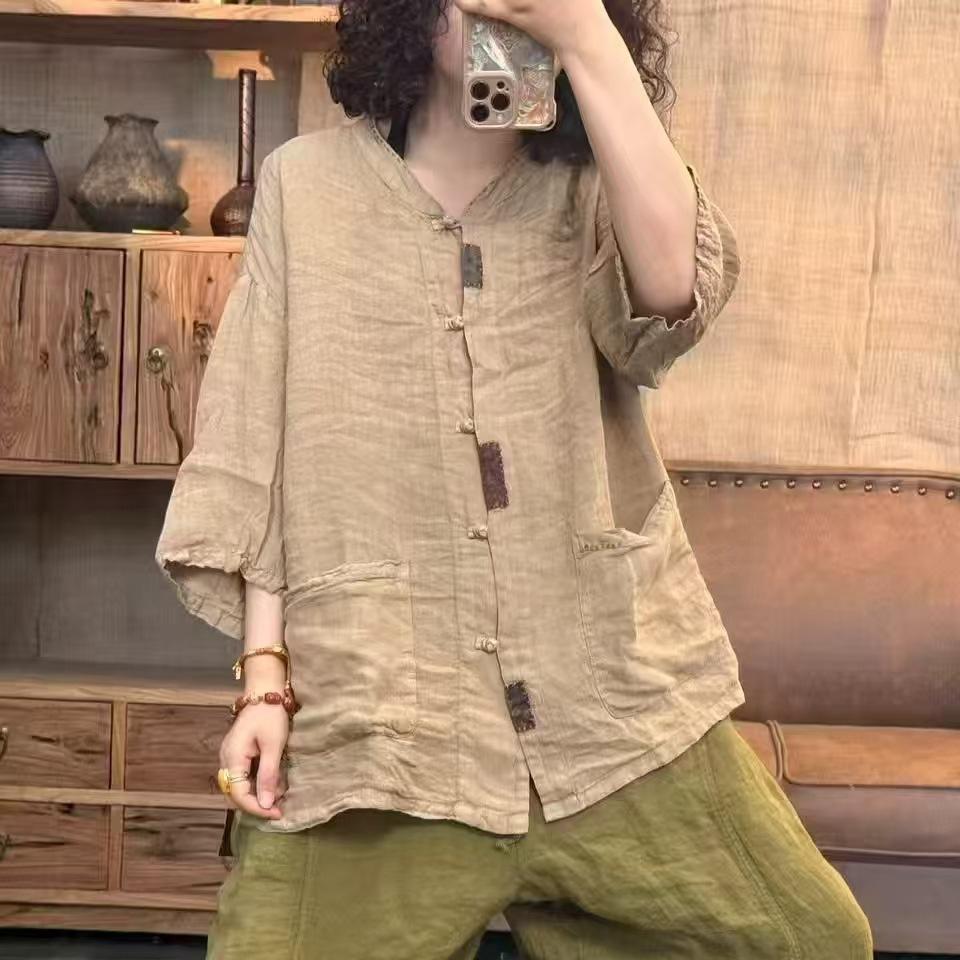 1116 Summer New Women's Crew Neck Japanese Linen Shirt Loose Shirt Top Cardigan Literary and Art Casual