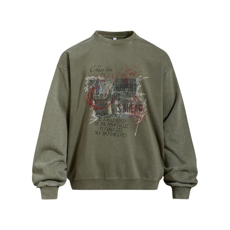 Mens Oversized Streetwear Hoodie Cotton Blend Graphic Print Washed Vintage Crewneck Sweatshirt Fall