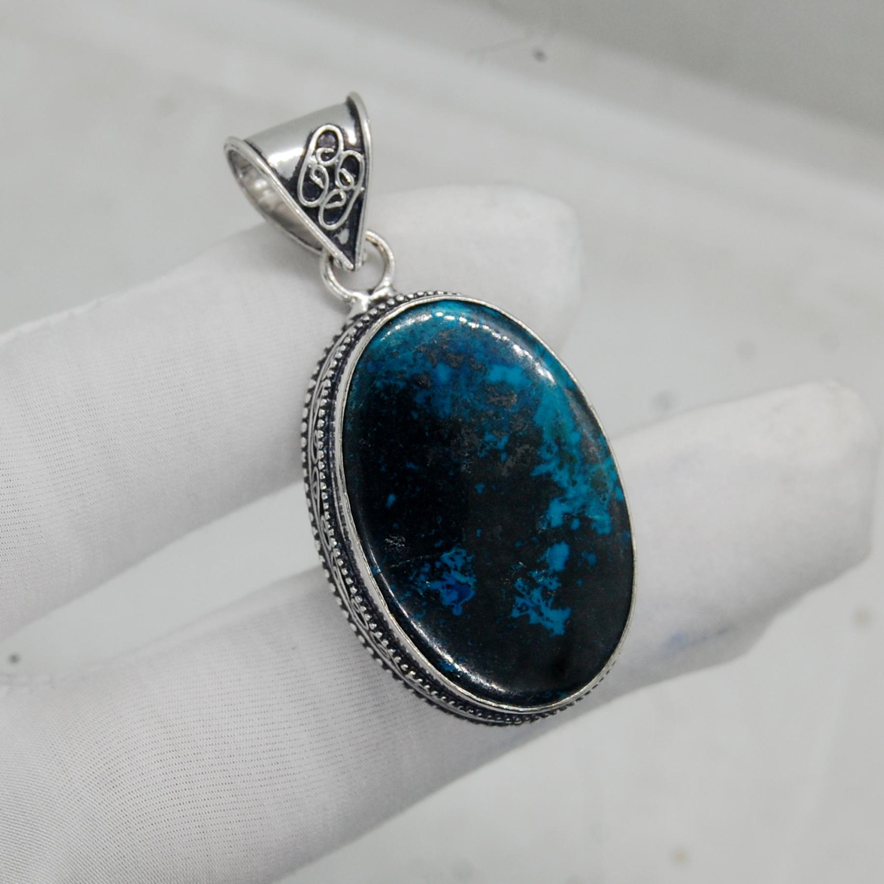 

Oval Cab Green Azurite Chrysocolla 925 Sterling Silver Pendant Jewelry, Artisan Handmade Boho Style Pendant