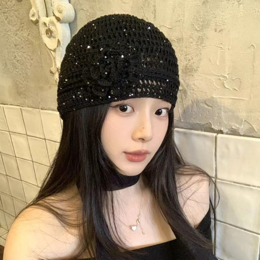 Hollow Flower Knitted Caps Hand-woven Beanies Cap Casual Sequin Crochet Hat Spring Summer
