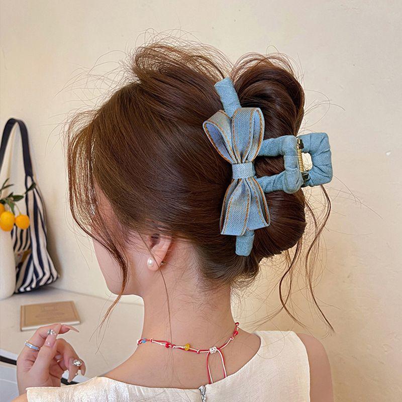 1pc Korean New Fashion Blue Denim Bow Transparent Gray Hair Clip Shark Clip Hair Accessories Summer светло-синий