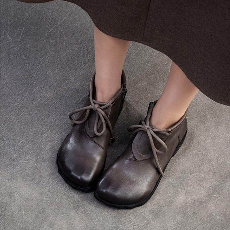 Johnature Retro Versatile Flat Short Boots Comfortable Commuting Casual Genuine Leather Women's Shoes