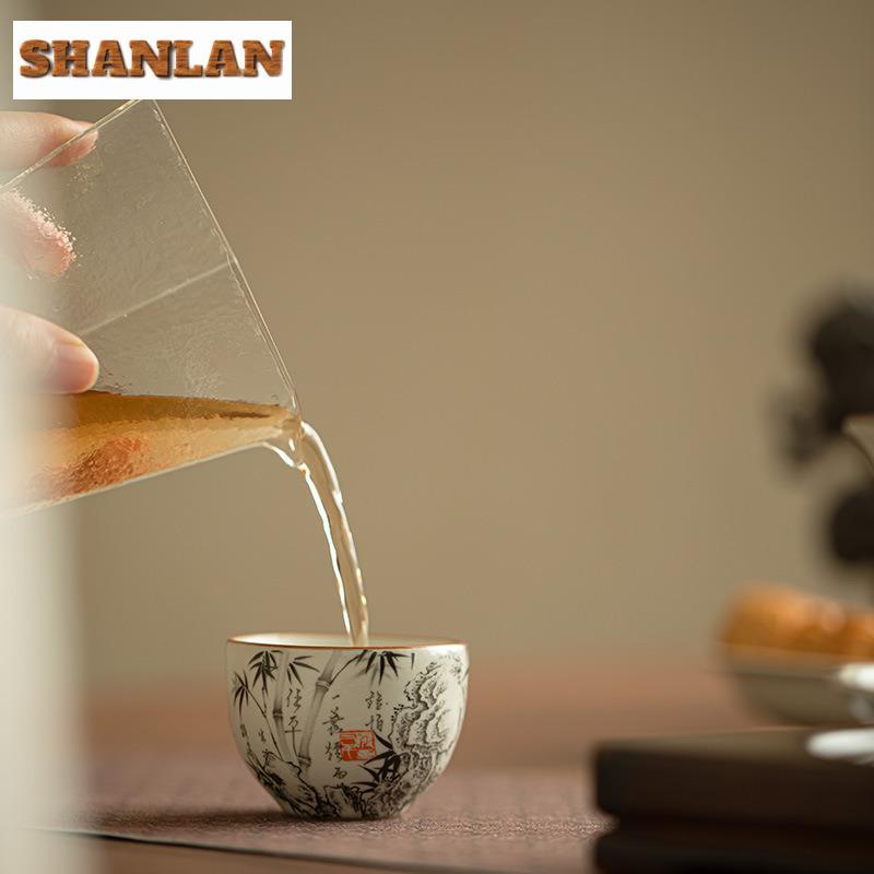60ml Ru Kiln Ink Bamboo Tea Cup Boutique Gracked Glaze Master Cup Small Tasting Mug Tea Bowl Tea Pair Meditation Cup Teaware 1pc