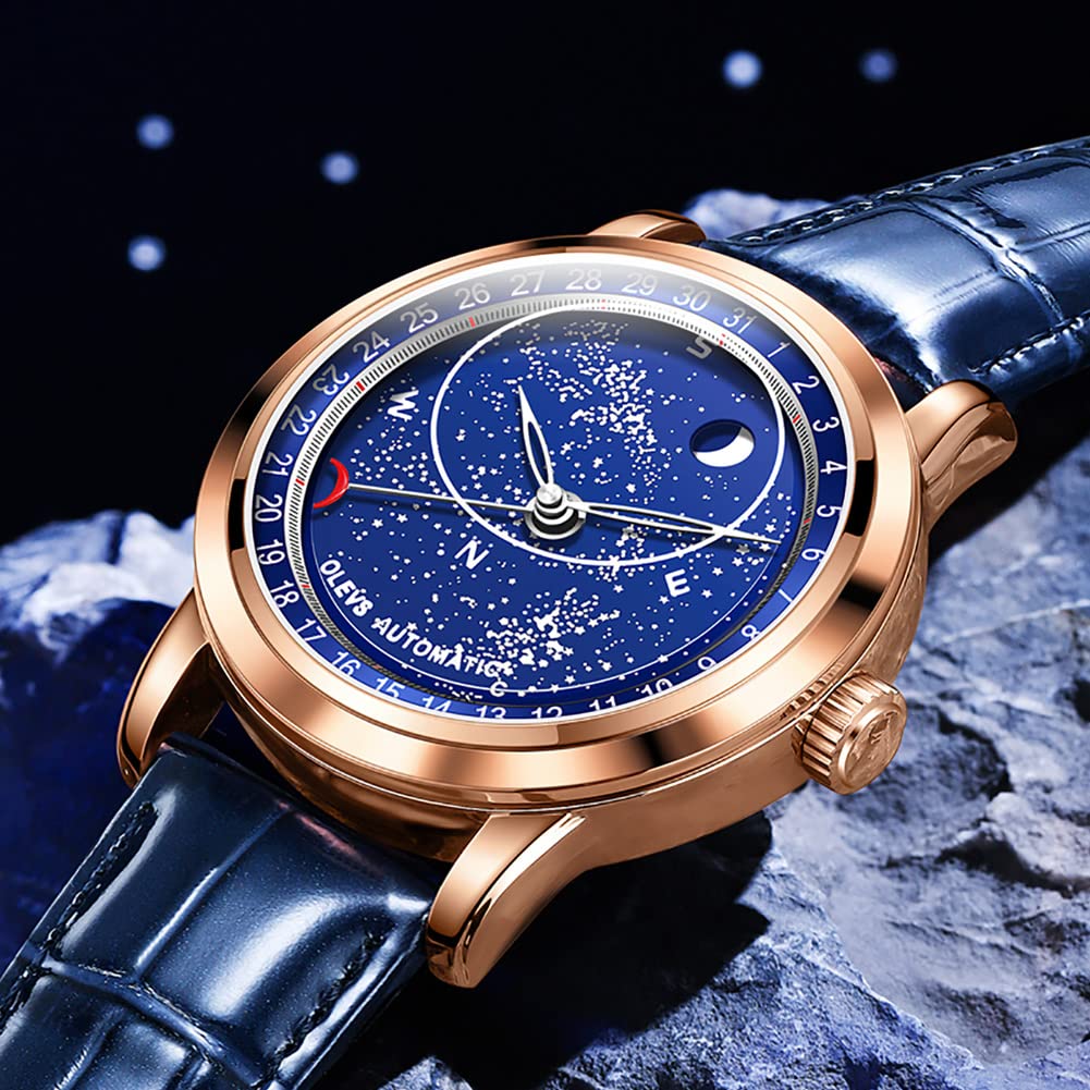OLEVS Watch Cool Starry Sky Automatic Watch Mechanical Luxury Leather Belt Skeleton Leather Belt Waterproof Blue watch for men Gold Men's Men's (Rose