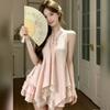 New Chinese-style suit, female summer national style is very good-looking, pink irregular neck top, cake half skirt, a complete set