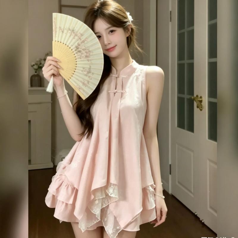 New Chinese-style suit, female summer national style is very good-looking, pink irregular neck top, cake half skirt, a complete set