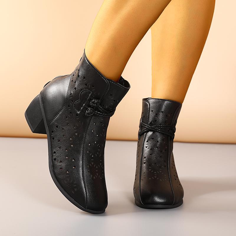 Summer Women's Fashion Hollow-Out Soft Sole Mid-Heel Ankle Boots, Retro Breathable Comfortable Shoes