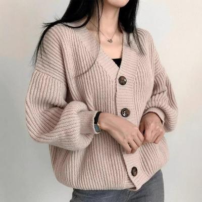 Autumn and Winter New Versatile Sweater Jacket Women's Style Casual Loose Lazy Lantern Sleeve V-neck Knitted Cardigan