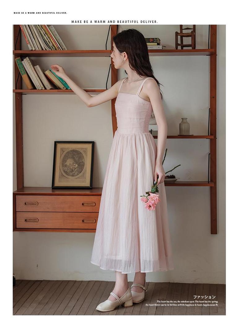 Women's Pink Fairy Mori-Style Sleeveless Long Camisole Dress for Summer Beach Vacation