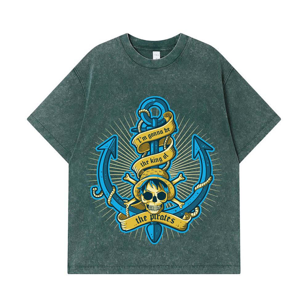 275 GSM Washed T-shirts 100% Cotton One Piece V35 Luffy Kaido Logo Print Unisex Heavy Cotton T Shirt