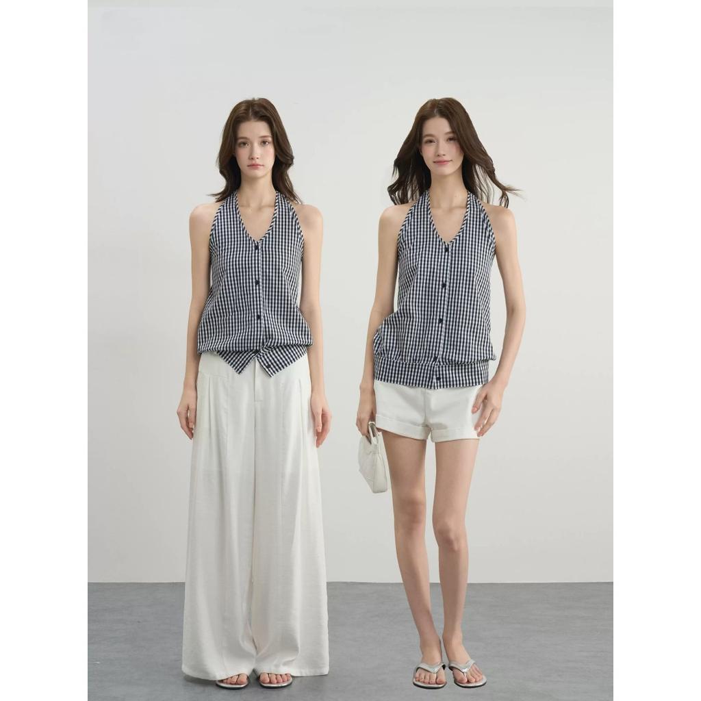 Niche design plaid neck sling vest women's summer new loose and thin versatile sleeveless tops and clothes