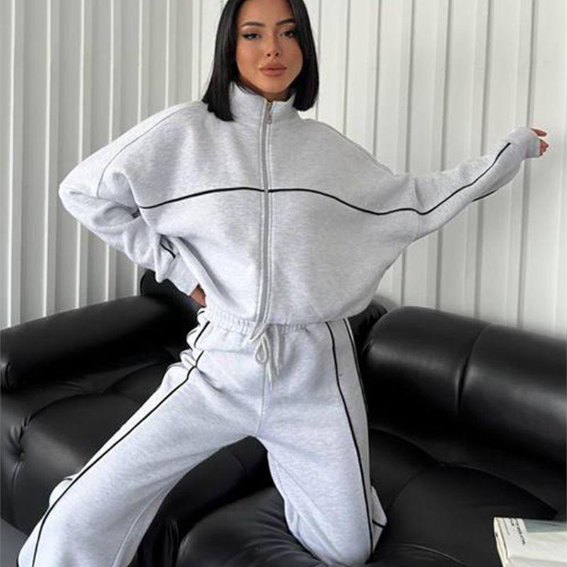 2024 New Cross-Border European and American Amazon Casual Suit Long Sleeves Half Collar Cardigan Sweatshirt Shoelace Stripes Pants Set