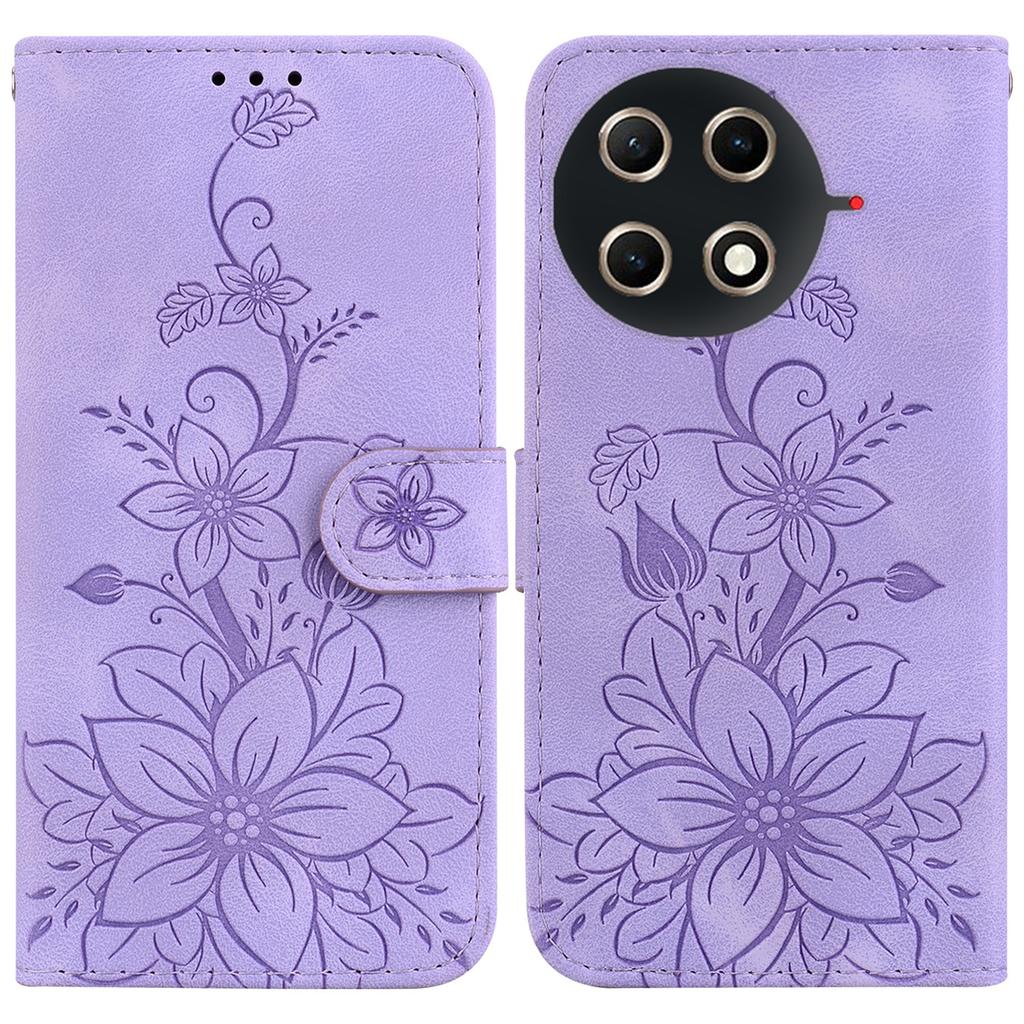 For TECNO Camon 30S 4G/30S Pro 4G Stand Case Lily Flower Imprint Leather Phone Cover with Wrist Strap