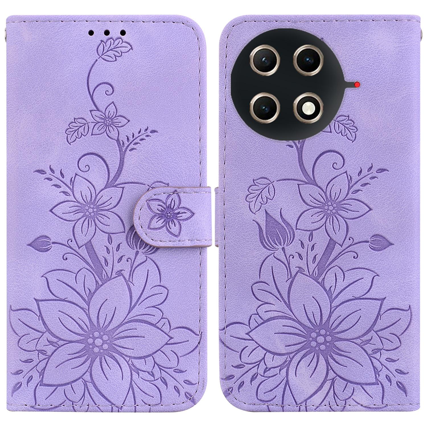 

For TECNO Camon 30S 4G/30S Pro 4G Stand Case Lily Flower Imprint Leather Phone Cover with Wrist Strap Purple