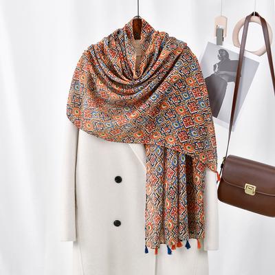 Fashion Printing Flower Tassel Shawl Cotton Viscose Scarf Women Beach Sunscreen Shawl Muslim Hijab Wrap Headscarf 180*85Cm