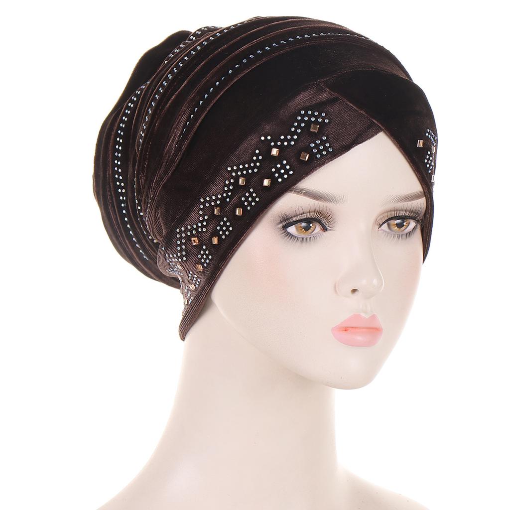 Glitter Diamonds Pleated Turban Caps for Women Soft Velvet Head Wraps Caps Muslim Headscarf Bonnet Female Beanie Pullover Cap