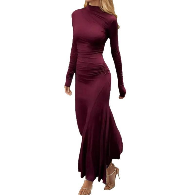 2026 women's spring new, Amazon cross-border Europe and the United States, fashionable solid color slim pleated dress 661