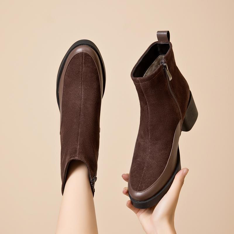 Women's Short Boots Genuine Leather Chunky Heel High Heel Boots Female Large Size Pointed Toe Women Ankle Boots