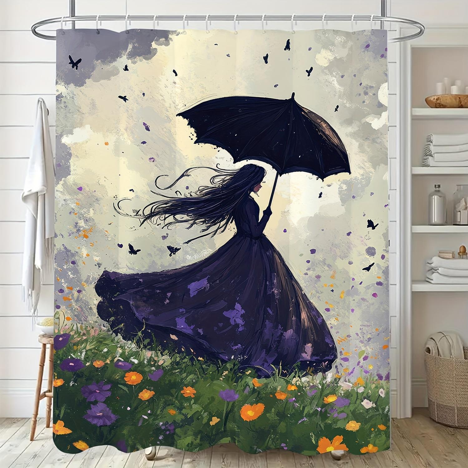 

Nordic Shower Curtain - Umbrella & Floral Design, Polyester, Includes Hooks, Modern Decor W90xH180cm