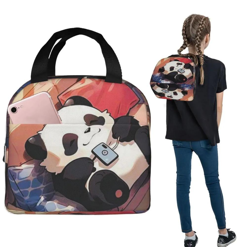 Cartoon Panda Playing With Mobile Phone Insulated Lunch Bag for Women Children Portable Food Boxes Thermal Lunch Box Tote