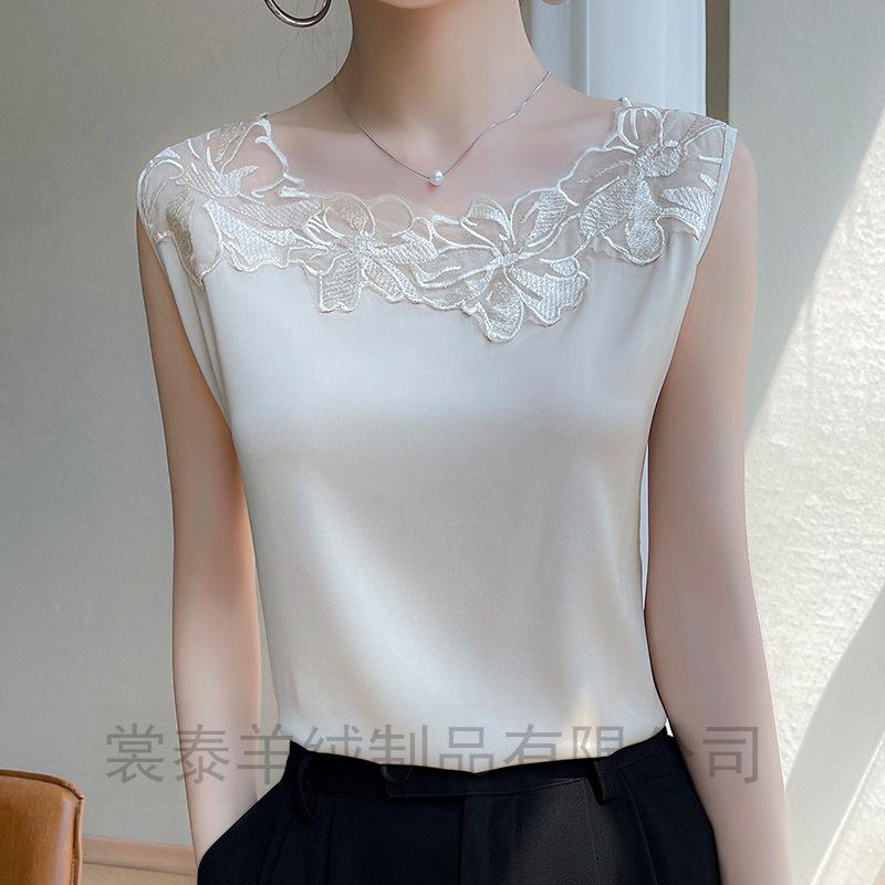 

Silk Satin Women s Sleeveless Round Neck Tank Top with Mesh Patchwork - Spring/Summer 2025 Collection XXXL (145-160 jin)