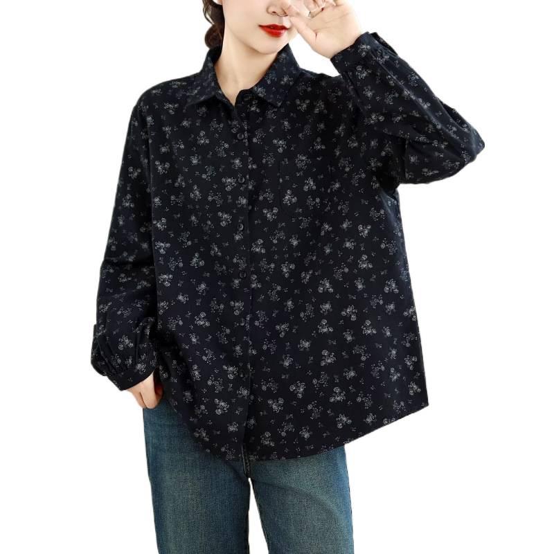 Women's Long Sleeve Retro Floral Cotton Shirt - Loose Fit, Slimming Temperament, Thickened Base Layer