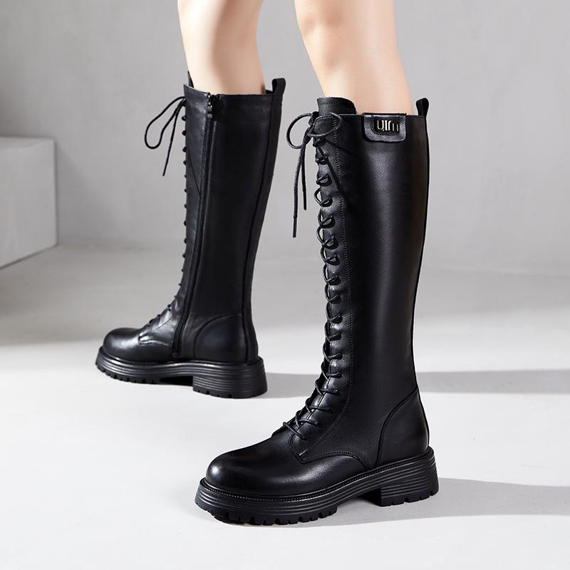 [Pantof întreg din piele] Cizme din piele de vacă de prim strat pentru femei toamnă și iarnă 2025 cizme de cavaler din piele cu șireturi și catifea