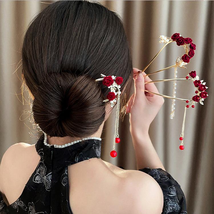 Elegant Red Rose Tassel Hairpin - U-shaped Hair Accessory for Women, Perfect for Updos and Traditional Attire.