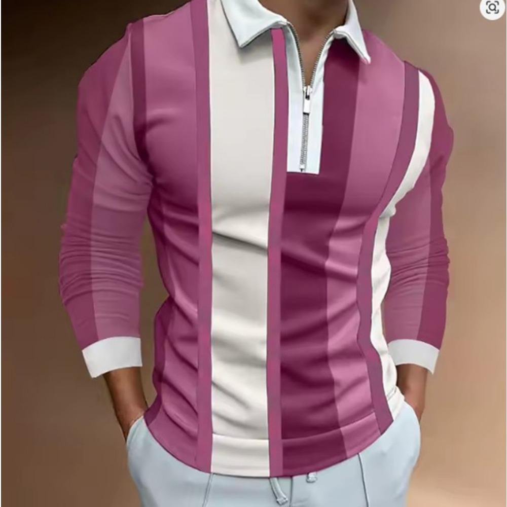 Men's 3D Stripe Printed Zipper Polo Shirt Long Sleeve Spring and Autumn Wear Trendy Brand Three-dimensional Pattern Casual Top