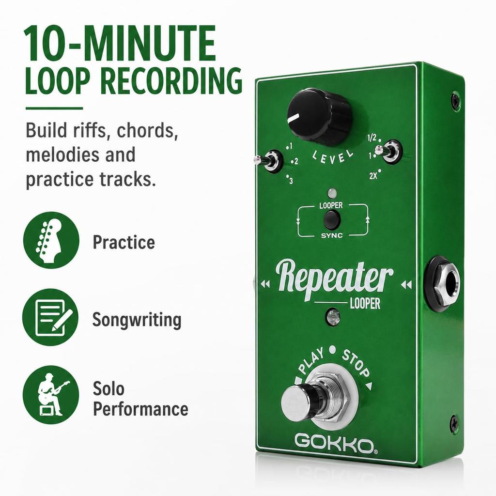 GOKKO REPEATER Looper Pedal Guitar looper pedal with loop true and easy overdubbing for live performance and GK-27 - underdo/redo function, 10-minute