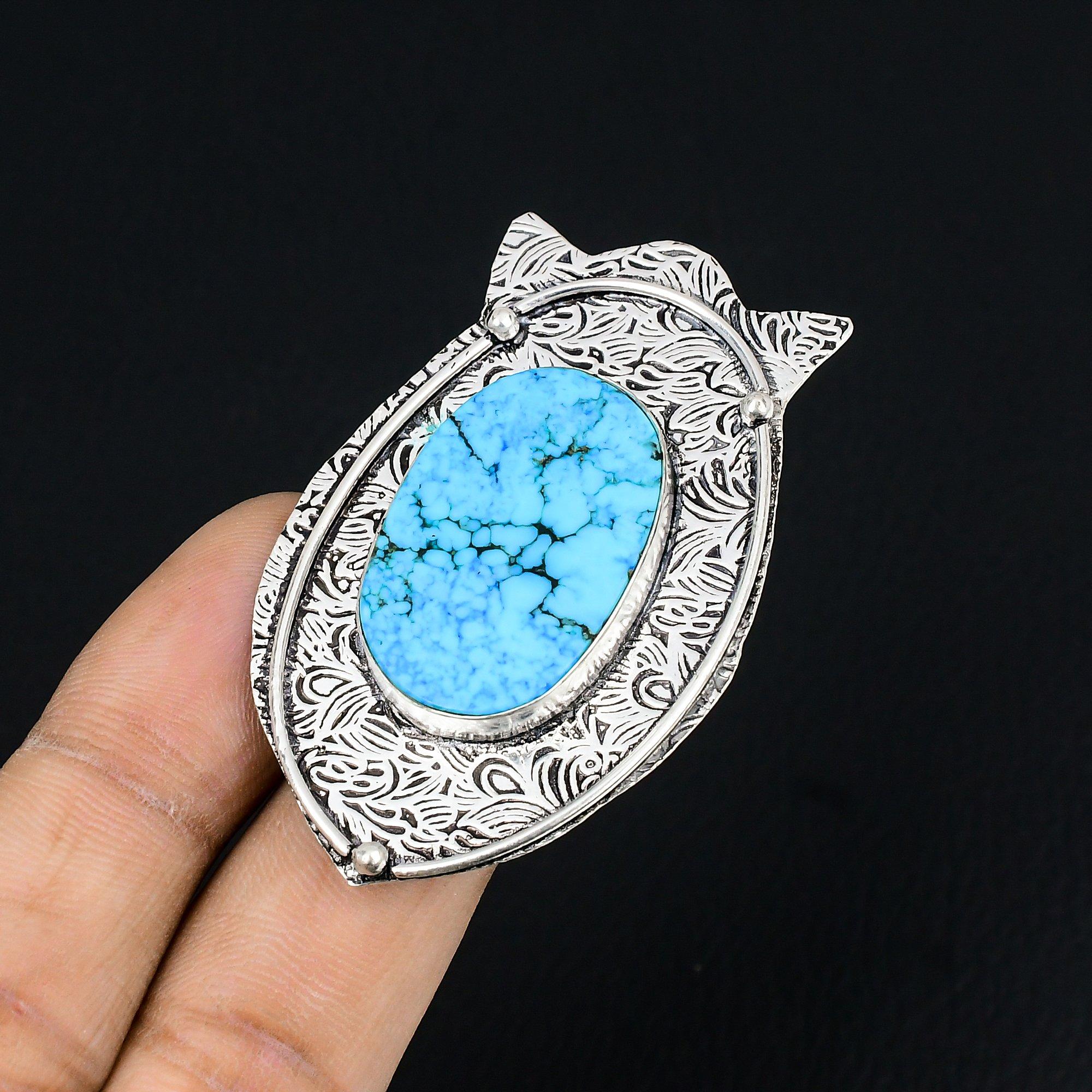 Gift For Her Natural Tibetan Turquoise Statement Ring Size 7.5 925 Silver 7.5