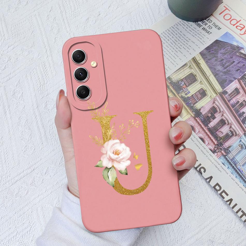 Phone Case For Samsung Galaxy A34 A33 A32 Elegant Rose Letter Soft Liquid Silicone Sqare Back Cover For Samsung A 34 33 32 Shell