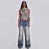 Retro Wing Print Rivet Wide-Leg Jeans