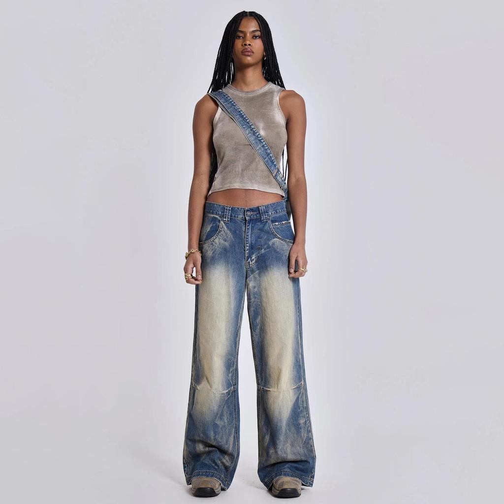 Retro Wing Print Rivet Wide-Leg Jeans
