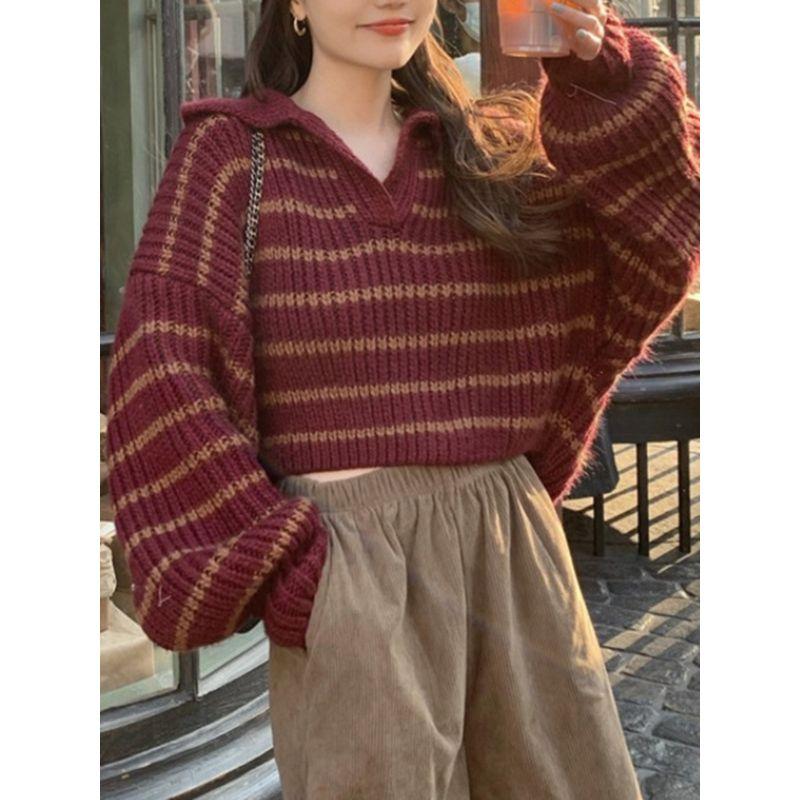 New Fall Women's Clothing Stripes Sweater Stylish Niche Style Knitwear Loose Outer Wear Small Short Tops