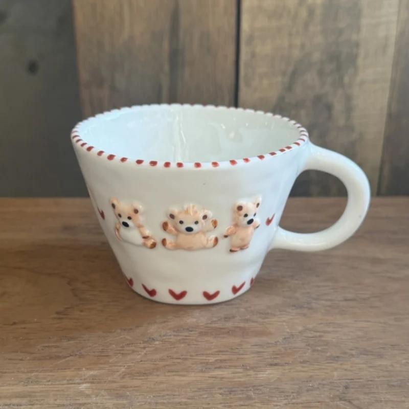 300ml Hand-drawn Ceramic Mugs Relief Coffee Cup Hand Pinched Irregular Bear Milk Tea Cup Letter Waffle Croissant Oatmeal Mug