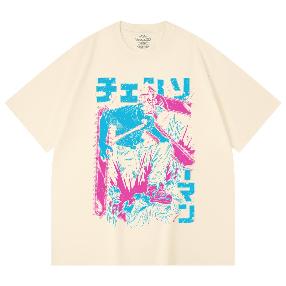 230 г/м² 100% хлопок Человек-бензопила V9 Дендзи Принт Унисекс Тяжелая хлопковая футболка XS абрикосовый