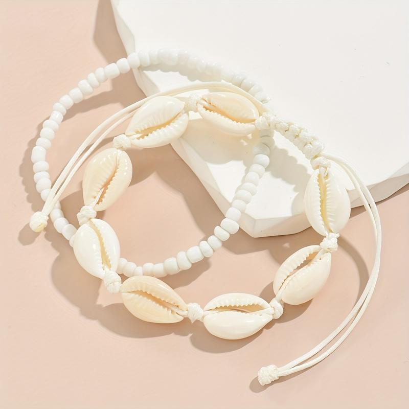 2PCS Summer Beach Anklet Handwoven Adjustable Shell Glass Bead Jewelry For Men Women Stackable Bohemian Vacation Accessories
