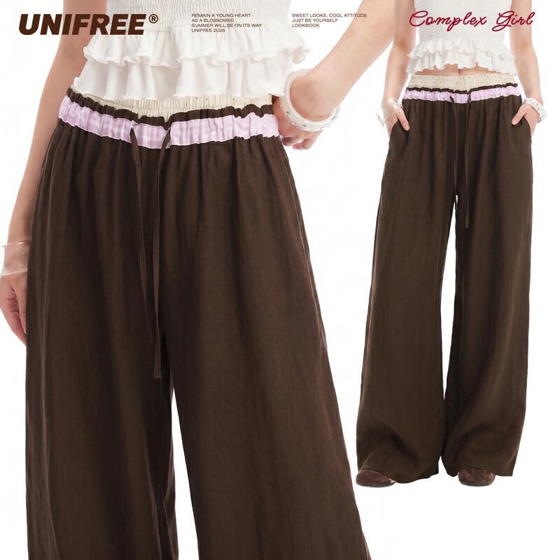 UNIFREE Maillard Style Contrast Waist Straight-Leg Casual Pants L