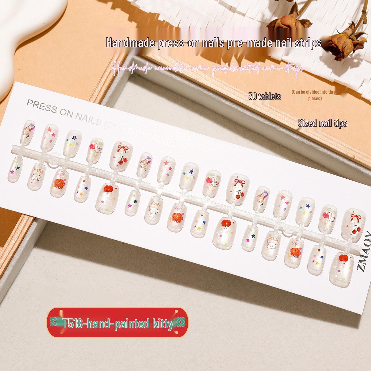 

Hand-Painted Kitty Cherry Cat Eye Short Nails - Spring/Summer Graffiti Style S