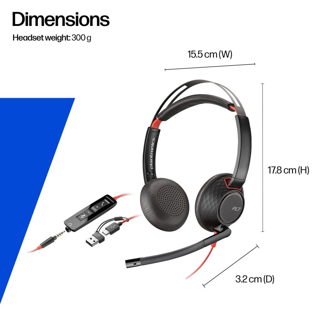 Poly Blackwire 5220 Wired Headset Noise with for Web Conferencing Plantronics Polycom 9P7X6AA (USB-C & 3.5mm Connection, Cancelling, Microphone,