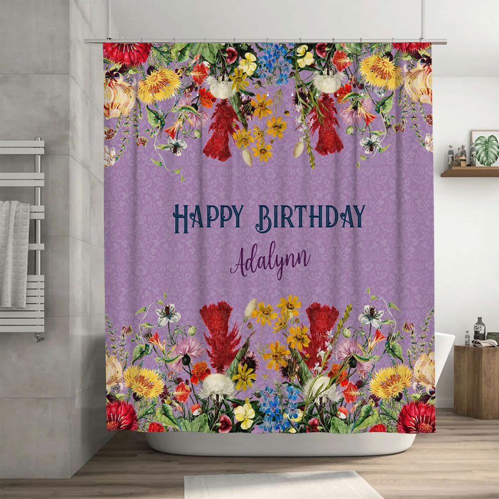 Birthday Shower Curtain Set Decorative Custom Name Printed Flowers Bath Rug Non-Slip Bathroom Liner